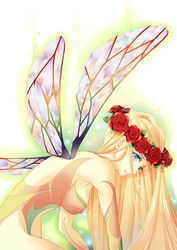 blonde_hair blue_eyes breasts fairy flower nipples nude okuma_mai original rose straight_hair wings