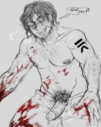 blood blood_on_face blood_splatter blood_stain boyfriend_to_death crazy_eyes crazy_smile drooling duya evil_smile penis_out pubic_hair sketch strade you_kill_me_every_time