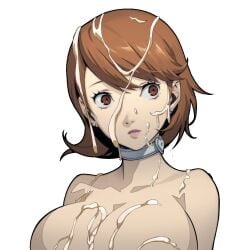 1girls atlus big_breasts blackchaos64 breasts breasts_bigger_than_head brown_eyes brown_hair choker covered_in_cum cum cum_on_breasts cum_on_face cum_rope edit edited_official_artwork edited_screencap female huge_breasts naked naver persona persona_3 sega tagme yukari_takeba