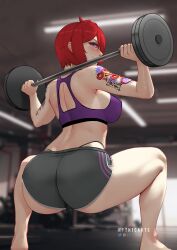 1girls artist_name ass back_view closed_mouth clothed clothing dragon_tattoo elly_(vtuber) exercise female female_only green_eyes gym gym_clothes holding_object image_set indie_virtual_youtuber indoors light-skinned_female light_skin looking_at_viewer looking_back myth1c myth1carts panty_straps patreon_logo red_hair short_hair solo sports_bra squatting tattoo tattoo_on_arm thong twitter_logo virtual_youtuber weightlifting weights