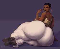 1girls bare_shoulders black_hair black_lipstick brown_eyes dark_skin female high_heels hoop_earrings huge_ass huge_breasts ignantastro leopard_print long_fingernails looking_at_viewer looking_back original short_hair signature solo stardustpapi thick_ass white_pants