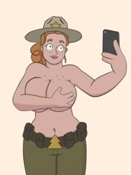 3:4 belt belt_buckle big_breasts breasts cellphone covering_breasts covering_self female freckled_skin freckles freckles_on_breasts freckles_on_face hand_on_breasts light-skinned_female looking_at_phone orange_hair_female park_ranger ranger_hat ranger_tabes selfie short_hair_female short_orange_hair three-quarter_portrait topless we_bare_bears white_background