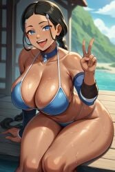 1girls ai_generated avatar_legends avatar_the_last_airbender dark-skinned_male dark_skinned_female female inuit katara looking_at_viewer peace_sign peaches stable_diffusion swimsuit tongue_out v voluptuous_female water_tribe