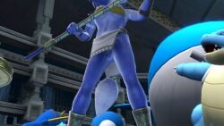 anklets anthro ass athletic athletic_anthro athletic_female athletic_male bandeau blastoise blue_fur butt canon fluffy_tail furry krystal krystal's_staff loincloth low-angle_view low_angle midriff navel official_art pubic_hair pussy screencap screenshot smash_bros super_smash_bros. super_smash_bros._ultimate uncensored uncensored_vagina upskirt upskirt_view