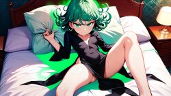 1girls ai_generated bed bedroom black_dress black_shoes crossed_legs dark_dress green_eyes green_hair happy laying_on_bed lying_on_bed one-punch_man open_legs petite short_hair slender slender_legs slender_waist smile tatsumaki tiny