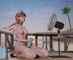 3d beach_jules blender breasts choker completely_nude completely_nude_female electric_fan fan female female_only fortnite goggles goggles_on_head haziest_mirage holding_drink jules_(fortnite) medium_breasts multicolored_hair nude nude_female on_knees pubic_hair sitting solo solo_female tattoo tattoos tattoos_everywhere twin_braids twintails