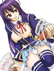 bar_censor breasts brown_eyes censored cleavage cum cum_on_body cum_on_leg cum_on_lower_body ejaculation fan handjob kurokami_medaka medaka_box nozarashi_satoru panties pantyshot penis purple_hair school_uniform skirt thighhighs translation_request underwear zettai_ryouiki