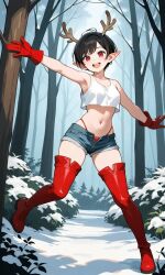 ai_generated antlers beach black_hair elf_ears eye_contact female gloves pixie_cut red red_eyes red_gloves seductive_expression short_hair smirk smug_expression stripper teasing usebackdooronly