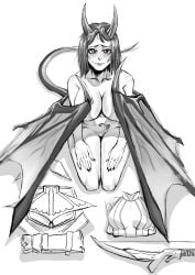 arueshalae clothing_removed demon_girl demon_horns demon_tail demon_wings dogeza large_breasts sketch