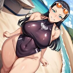 1girls ai_generated alternate_breast_size big_breasts bostin breasts busty curvaceous curvy curvy_body curvy_female curvy_figure female female_only huge_breasts large_breasts nico_robin nipples one_piece sweat sweating sweaty sweaty_body sweaty_breasts swimsuit thick_thighs thighs