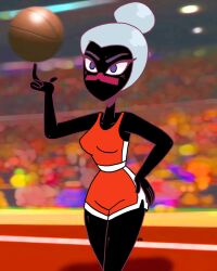 1girls alien alien_girl alien_humanoid basketball basketball_court basketball_uniform black_body duck_dodgers eyxxx facial_mark female female_focus female_only hair_bun hand_on_hip looney_tunes martian martian_(duck_dodgers) purple_eyes queen_tyr'ahnee sports_uniform sportswear warner_brothers white_hair