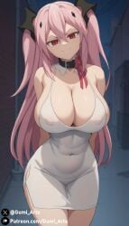 ai_generated alternate_breast_size cleavage collar covered_navel covered_nipples dress gumi_arts hand_behind_back huge_breasts krul_tepes looking_at_viewer night outdoors owari_no_seraph pink_hair red_eyes smug stable_diffusion wide_hips