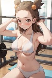 ai_generated bench_press big_breasts bikini blush exercise flexing gym gym_leader jasmine_(pokemon) jasmineolivine looking_at_viewer nipples_visible_through_clothing perky_breasts pokemon suggestive suggestive_look sweat