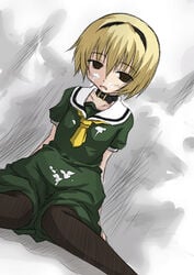 07th_expansion blonde_hair collar cum cum_on_clothes dress empty_eyes facial higurashi_no_naku_koro_ni houjou_satoko kneeling pantyhose sailor_dress sawa_(teaesk) school_uniform short_hair sketch solo teaesk