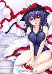 blush bow breast_squeeze breasts cum cum_on_clothes cumdrip facial haruto hat iku_nagae kneeling large_breasts one-piece_swimsuit open_mouth purple_hair red_eyes school_swimsuit swimsuit touhou tsukudani_shirou