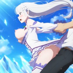 ai_generated aivime big_breasts elf elf_ears elf_female elf_girl emilia_(re:zero) female flower_in_hair flower_ornament hair_ornament half-elf light-skinned_female light_skin long_hair male male/female natsuki natsuki_subaru pointy_ears princess purple_eyes re:zero_kara_hajimeru_isekai_seikatsu silver_hair thighhigh_boots very_long_hair white_hair