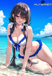 1girls ai_generated alterism beach bikini bikini_bottom bikini_top black_hair cleavage clock_eyes date_a_live female_focus frills hair_ornament happy heterochromia light-skinned_female light_skin long_hair looking_at_viewer low_twintails lying medium_breasts naughty_face navel ocean open_mouth outdoors red_eyes shiny_skin sitting thick_thighs tokisaki_kurumi twintails wet wide_hips yellow_eyes