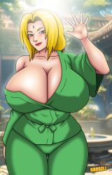 1girls aaron_broscli bathrobe big_breasts breasts child_bearing_hips cleavage female female female_only highres hourglass_figure huge_breasts large_breasts makeup mature mature_female naruto naruto_(series) naruto_shippuden off_shoulder robe solo tsunade voluptuous waving waving_hand wide_hips