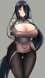 alternate_costume bad_id bad_pixiv_id black_hair black_pantyhose blindfold blush bondage breasts cleavage collar covered_nipples curvy epic_seven female frown green_eyes grey_background hair_over_one_eye highres large_breasts long_hair looking_at_viewer mole mole_under_eye monoglove pantyhose rebake rebake-1453 restrained sash simple_background solo standing straitjacket very_long_hair vivian_(epic7) vivian_(epic_seven)