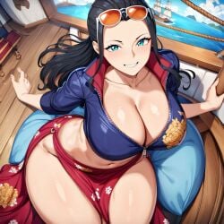 1girls ai_generated alternate_breast_size big_breasts bostin breasts busty curvaceous curvy curvy_body curvy_female curvy_figure female female_only huge_breasts large_breasts nico_robin nipples one_piece sweat sweating sweaty sweaty_body sweaty_breasts thick_thighs thighs