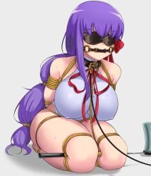 arms_behind_back bb_(fate) bb_(fate/extra) bit_gag black_blindfold blindfold bondage bound bow breasts collar commentary covered_eyes covered_nipples fate/extra fate/extra_ccc fate/grand_order fate_(series) female femsub frogtie gag gagged hair_ribbon large_breasts leash leotard long_hair purple_eyes purple_hair rebake rebake-1453 ribbon rope seiza sitting skindentation solo thick_thighs thighs