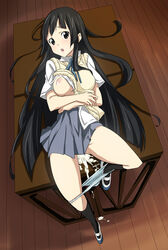 after_sex black_eyes black_hair black_kneehighs black_legwear breast_slip breasts cum cum_inside cum_pool female female_only footwear highres human human_only k-on! kneehighs lying mio_akiyama_(k-on!) nipples on_back one_breast_out panties panty_pull school_uniform shirt_lift shoes socks solo striped striped_panties sweater_vest toru_k underwear uwabaki