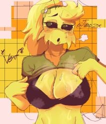 1girls bee big_breasts blush bra breasts bweswees_bizznip colorbox_(mustard) heavy_breathing incredibox insects showing_bra sweat taking_off_shirt