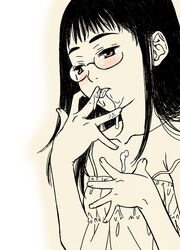 black_hair blush brown_eyes cum cum_on_face female finger_licking glasses gusu licking monochrome original spot_color straight_hair tongue