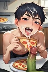 2boys ai_generated beast_boy cum_in_mouth cum_on_food eating eating_cum friends_with_benefits gay pizza sauce special_sauce yaoi