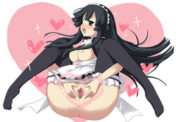 alternate_costume apron bangs black_eyes black_hair black_legwear black_thighhighs blunt_bangs blush breasts censored enmaided feet female female_only garters heart heart_hands hime_cut human human_only k-on! legs_up long_hair maid maid_cap maid_headdress mio_akiyama_(k-on!) moe_moe_kyun! nipples no_bra no_panties open_mouth pepe_(pixiv) pointless_censoring pussy pussy_juice saliva shirt_pull solo spread_legs spread_pussy tanuxu thighhighs