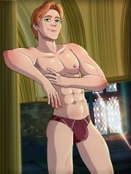 1boy abs athletic_male bara big_bulge bulge fred_weasley harry_potter male male_nipples male_only muscular_male nipples panties partially_clothed pose room_of_requirement seductive solo standing topless topless_male underwear