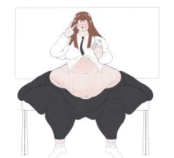 1girls belly brown_hair fat_rolls gabbadraws holding_object holding_phone huge_belly huge_thighs mizuki_(gabbadraws) peace_sign phone thighs white_skin