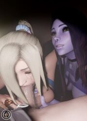 1boy 2girls 3d ball_fondling big_ass big_breasts big_penis blonde_hair blowjob blowjob_face blue_eyes bodysuit cinema eye_contact forced_oral image image_set lipstick_on_penis lipstick_smear male mercy overwatch overwatch_2 penis purple_hair purple_skin recording saliva_on_face saliva_on_penis saliva_trail soldier_76 tears trsensualstudio wet widowmaker yellow_eyes