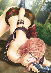 1girls belt blue_eyes blush breasts brown_belt day down_blouse dutch_angle eclair_farron facing_viewer female female_masturbation female_only final_fantasy final_fantasy_xiii fingerless_gloves forest gloves gun gun_in_pussy human looking_at_viewer masturbating masturbation midriff miniskirt no_bra outdoors pussy_juice_trail raito skirt_lift solo top-down_bottom-up tree weapon