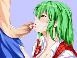 1girls censored cleavage cum cum_in_mouth cum_on_hair facial fellatio green_hair humanoid open_mouth oral partial_male penis plaid plaid_vest red_eyes tartan team_shanghai_alice tenpura_(artist) tenpura_(tenpura621) tongue touhou youkai yuka_kazami yuuka_kazami