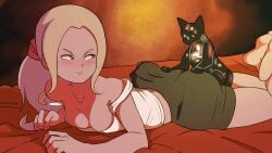 1girls animated ass blonde_hair blush breasts cleavage dark-skinned_female dusty_(gravity_rush) gravity_rush kat_(gravity_rush) lying lying_on_bed lying_on_stomach scrabble007