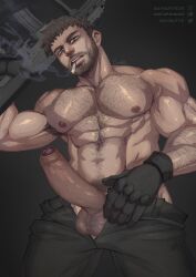 1boy 2021 alternate_version_available armpit_hair balls bara barazoku beard big_balls big_penis capcom chris_redfield cocky daddy erection foreskin hairy_chest hi_res highres looking_at_viewer male male_nipples male_only male_pubic_hair manly mature_male muscular_male nipples penis resident_evil resident_evil_8:_village solo soynutts uncensored yaoi