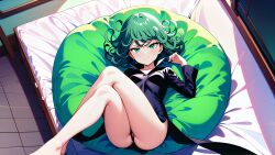 1girls ai_generated bed bedroom black_dress black_shoes crossed_legs dark_dress green_eyes green_hair happy laying_on_bed lying_on_bed one-punch_man petite short_hair slender slender_legs slender_waist smile tatsumaki tiny