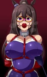 animal_ears arms_behind_back bad_id bad_pixiv_id ball_gag bare_shoulders bondage bondage bound bound_arms breasts breath brown_hair collar covered_nipples domino_mask el_condor_pasa_(umamusume) empty_eyes female gag gag_harness gagged gradient_background harness heart heavy_breathing high_ponytail horse_ears horse_girl large_breasts long_hair mask nipple_bar nipple_piercing photoshop_(medium) piercing ponytail purple_eyes rebake rebake-1453 red_background riding_crop solo tracen_swimsuit umamusume wiffle_gag