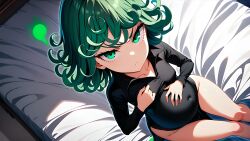 1girls ai_generated annoyed annoyed_expression bed bedroom black_dress black_shoes crossed_legs dark_dress green_eyes green_hair happy laying_on_bed lying_on_bed one-punch_man petite pregnant pregnant_female short_hair slender slender_legs slender_waist smile tatsumaki tiny tsundere