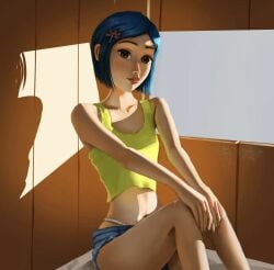 ai_generated blue_hair coraline coraline_jones jean_shorts midriff tagme