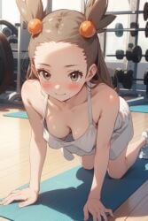 ai_generated blush exercise gym gym_leader jasmine_(pokemon) jasmineolivine light_smile looking_at_viewer no_bra pokemon small_breasts suggestive suggestive_look sundress white_dress