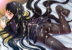 bed black_hair bukkake controller cum cum_on_body cum_on_clothes cum_on_hair cum_on_lower_body cum_on_upper_body cum_pool feet female_protagonist_(houkago_play) game_controller gamepad girls_playing_games houkago_play kouki_kuu long_hair lowres lying no_panties pantyhose playing_games very_long_hair video_game yellow_eyes