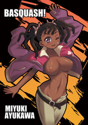 ayukawa_miyuki bandaid basquash! belt blush breasts color dark-skinned_female dark_skin dreadlocks female female_only hairlocs highres jacket kure_(beniya) locks locs midriff navel nipples no_panties purple_eyes pussy pussy_peek solo tied_hair topless tufts twintails uncensored wink