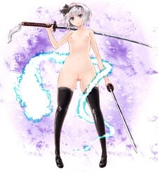 black_legwear breasts cleft_of_venus color dual_wielding female female_only front_view ghost grey_hair hairband hitodama katana kuroino legs myon naked_thighhighs nipples nude pussy short_hair skindentation solo standing sword thighhighs touhou uncensored vulva weapon white_hair youmu_konpaku youmu_konpaku_(ghost)