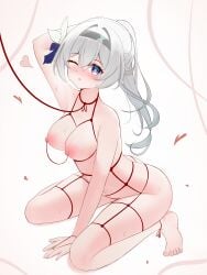 :o firefly_(honkai:_star_rail) gray_hair hair_ornament heart honkai:_star_rail knos medium_breasts multicolored_eyes naked_female red_rope sweat wink