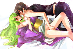 black_hair blush breasts c.c. code_geass fingering green_hair japanese_clothes kimono koromo_(kinu) lelouch_lamperouge long_hair purple_eyes sweat wet yellow_eyes