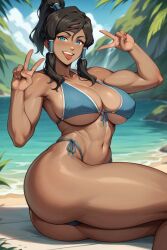 1girls ai_generated avatar_legends female inuit korra looking_at_viewer peace_sign peaches stable_diffusion swimsuit the_avatar the_legend_of_korra tongue_out v_sign water_tribe