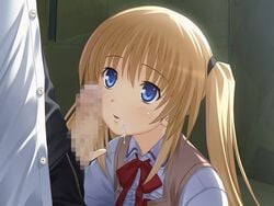 after_sex ayase_natsuki blonde_hair blue_eyes censored cum cum_in_mouth cumdrip fellatio female necktie nekonyan oral penis sakaagari_hurricane school_uniform smile tied_hair twintails unzipped