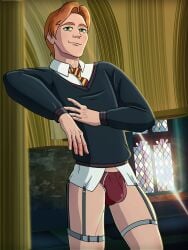 1boy 2d background bara big_bulge bulge clothed clothed_male clothing color day fred_weasley front_view garter_straps green_eyes gryffindor hair happy harry_potter hogwarts human human_only leaning leaning_to_the_side light-skinned_male light_skin looking_at_viewer male male_only mostly_clothed muscular_male necktie neckwear panties partially_clothed penis_bulge pose red_hair room_of_requirement school school_uniform schoolboy seductive shirt short_hair short_hair_male smile smirk solo standing striped_neckwear stripes sunshine tie underwear window